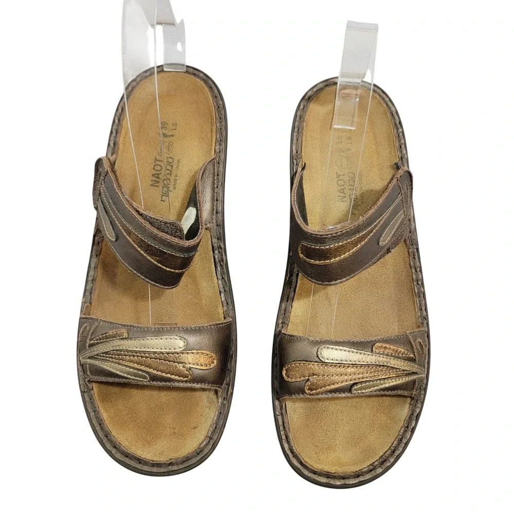 Naot‎ Bronze Metallic Leather Wedge Sandals Womens 39 US 8 Hook Loop Straps